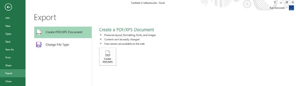 PDF-tiedostoksi julkaiseminen Excelistä voit julkaista avoinna olevan tiedoston (asiakirjan) PDF-muotoon.