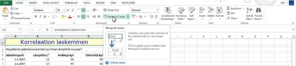 Otsikkotekstin voit keskittää seuraavasti: Painikkeet pystysuuntaiseen tasaamiseen Kuva 77 Otsikko yhdessä solussa Kirjoita teksti työarkilla vasemmalla olevaan soluun ja muotoile teksti