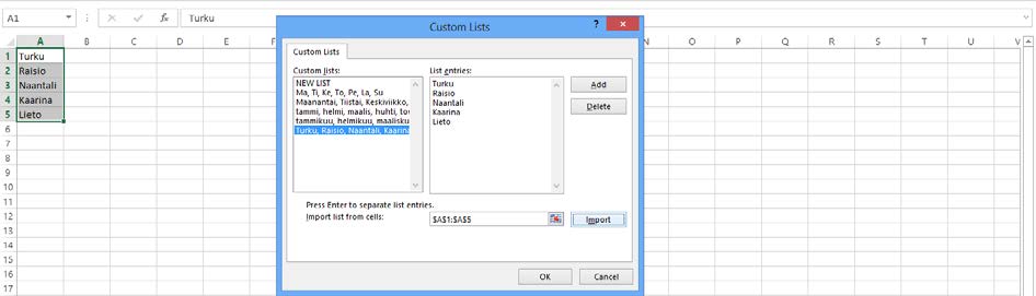 Oman luettelon luominen Kuva 95 Custom list (Omat luettelot) - valintaikkuna Oman luettelon täyttösarjaksi luot Excel asetuksissa seuraavasti: Kirjoita allekkain oleviin soluihin arvot, jotka haluat