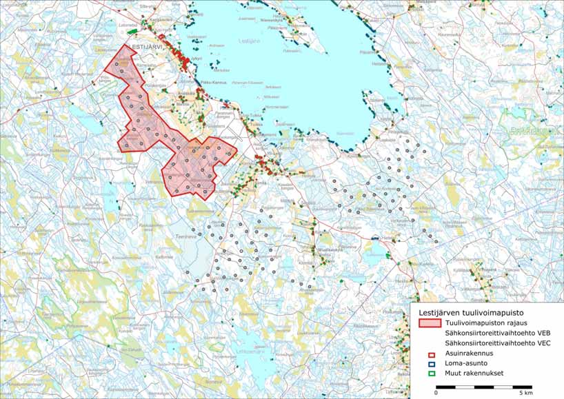 Kuva 6. Asuinrakennukset (punaisella), loma-asunnot (sinisellä) ja muut rakennukset (vihreällä) suunnittelualueen ympäristössä.