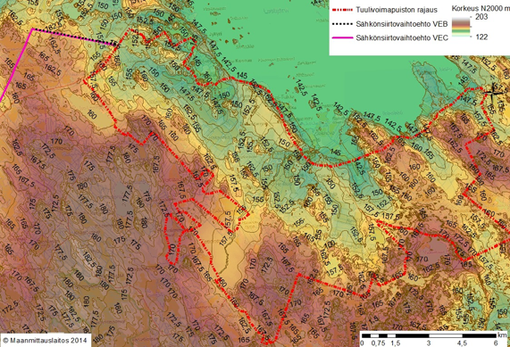 Kuva 22. Suunnittelualueen topografia (Maanmittauslaitos korkeusmalli 2 m, 2013).