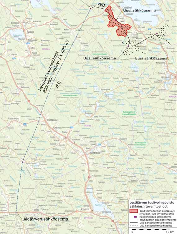 Kuva 39. Sähkönsiirtoreittivaihtoehto on kuvassa esitetty VEC. Voimalasijoittelu on nähtävillä olleen ehdotuksen mukainen (31 voimalaa).