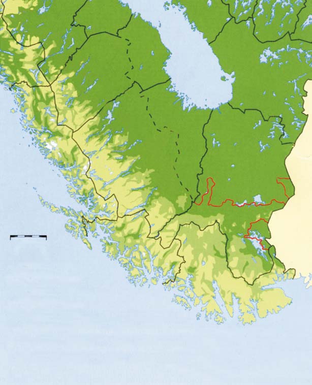 Kuva 5.3. Suomen suojametsävyöhykkeen ja Ruotsin metsänrajametsien sekä vaikeasti uudistuvan metsän raja (Bernes 1996). Figur 5.3. Gränsen för skyddsskogszonen i Finland samt för den fjällnära skogen och den svårföryngrade skogen i Sverige (Bernes 1996).