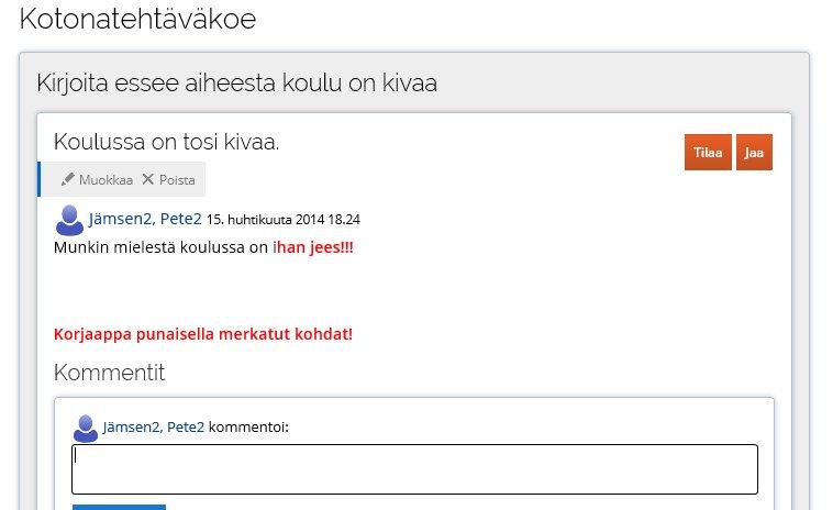 - Alla näkyvässä kuvassa oppilas on tullut katsomaan omaan työtään, ja huomaakin että jahah täällähän on vielä korjattavaa. Opettaja voi esim.