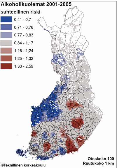 Tilastokeskuksen ylläpitämästä kuolinsyyrekisteristä saadaan kartta alkoholikuolemista, joka on esitetty kuvassa 11.