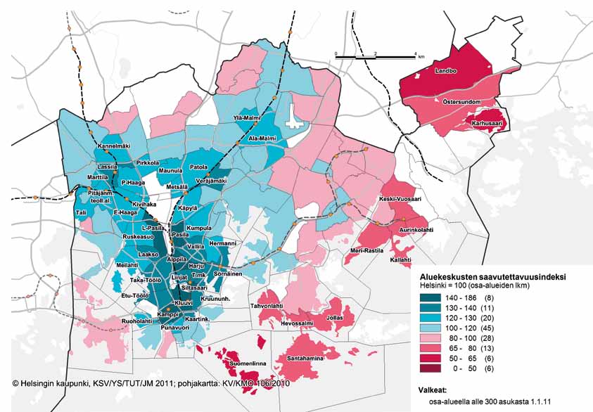 52 Kotikaupunkina Helsinki Asumisen ja siihen liittyvän maankäytön toteutusohjelma 2012 pien aluekeskusten saavutettavuuden kannalta (kartta 4).