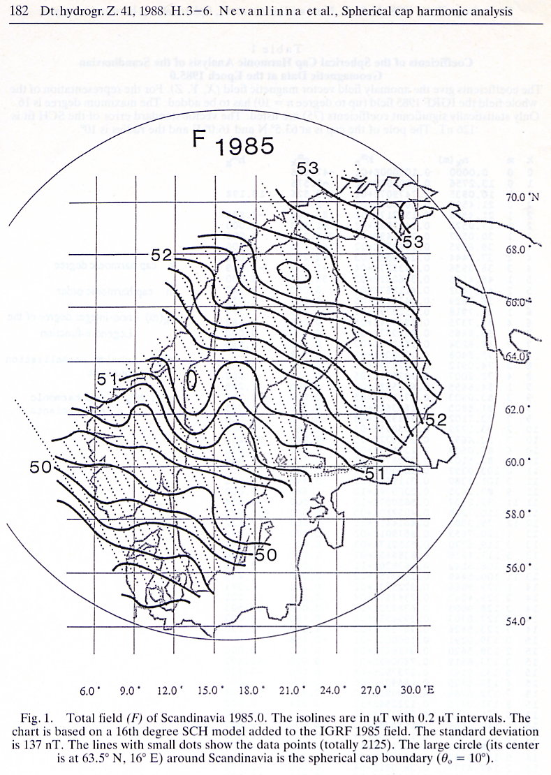 119 Skandinavian ja Suomen alueen magneettikentän kokonaiskomponentin (F) kalottiharmoninen malli 1985. Mallin perustana on ns.