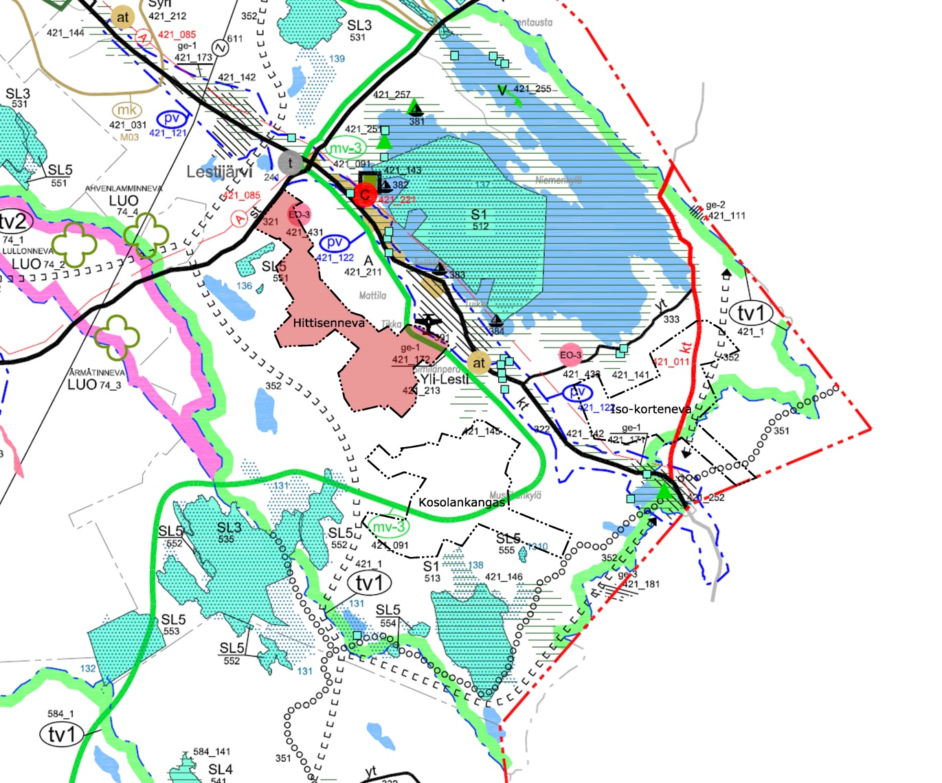 Kuva 2. Ote Keski-Phjanmaan 1., 2. ja 3. vaihemaakuntakaavan yhdistelmästä. Hittisennevan, Kslankankaan ja Is Krtenevan suunnittelualueet vat kartassa punaisella, Hittisenneva n vasemmalla.