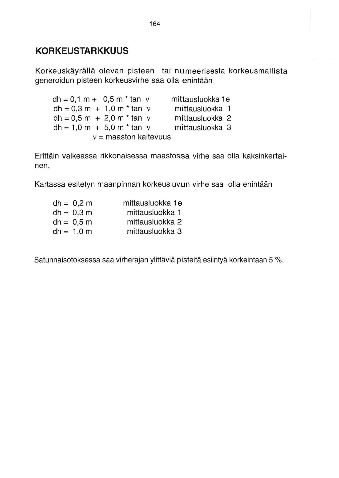 64 KORKEUSTARKKUUS Korkeuskäyrällä olevan pisteen tai numeerisesta korkeusmallista generoidun pisteen korkeusvirhe saa olla enintään dh = 0, m + 0,5 m * tan v mittausluokka e dh = 0,3 m +,0 m * tan v