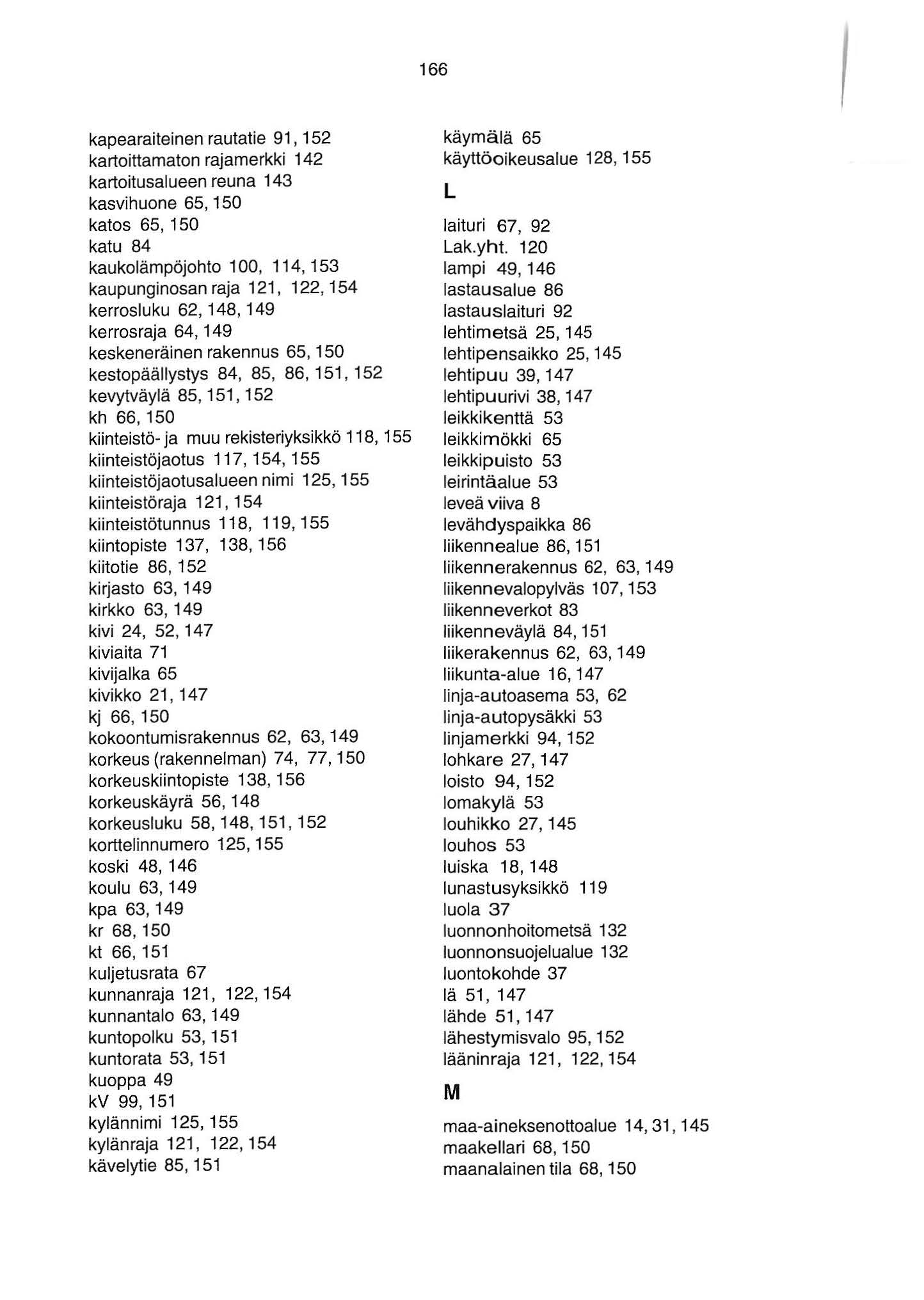 kapearaiteinen rautatie 9, 52 kartoittamaton rajamerkki 42 kartoitusalueen reuna 43 kasvihuone 65, 50 katos 65, 50 katu 84 kaukolämpöjohto 00, 4, 53 kaupunginosan raja 2, 22, 54 kerrosluku 62, 48, 49