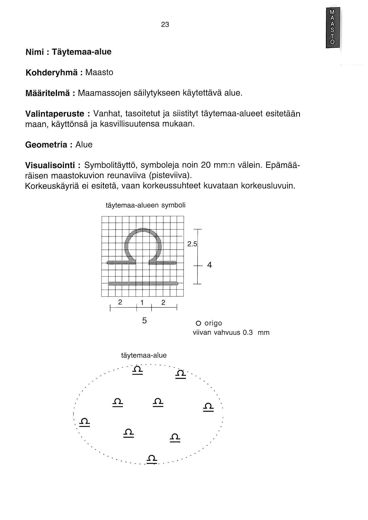 23 Nimi : Täytemaa-alue Kohderyhmä : Maasto Määritelmä : Maamassojen säilytykseen käytettävä alue.