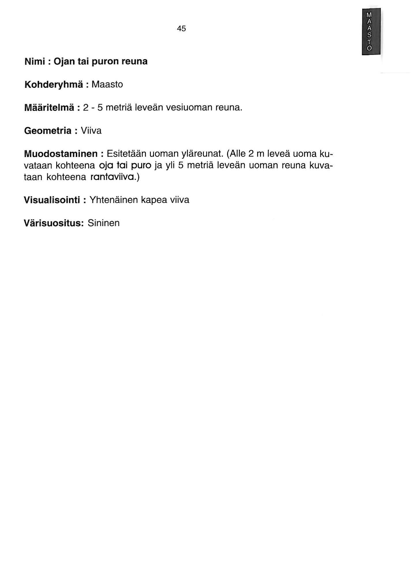 45 Nimi : Ojan tai puron reuna Kohderyhmä : Maasto Määritelmä: 2-5 metriä leveän vesiuoman reuna.