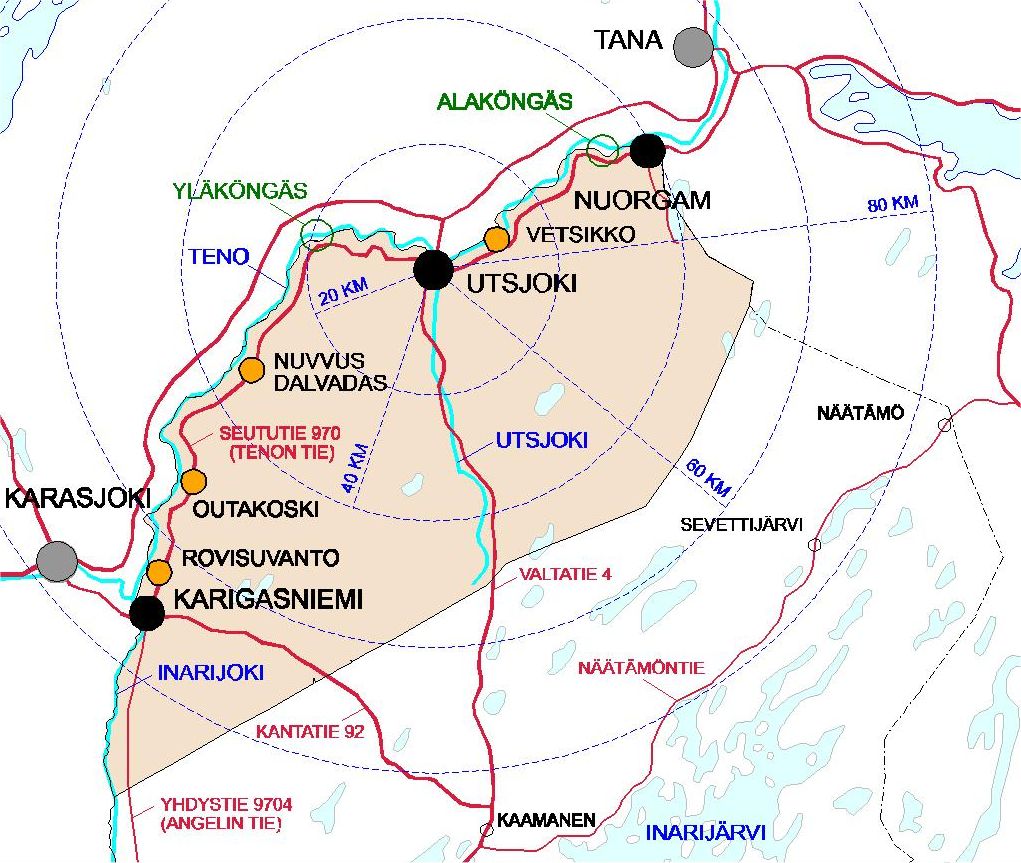 2 UTSJOEN KUNTA - KEHITTÄMISSUUNNITELMA 2020 Kuva 2. Utsjoen kunnan aluerakenne Utsjoen kunta on Suomen pohjoisin kunta. Kunnan pinta-ala on 5.371 km², josta vesialueita on 203 km².