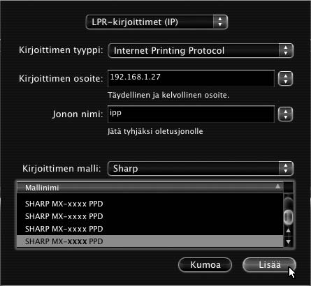 Jos haluat käyttää IPP-toimintoa, valitse PPD-tiedosto näiden ohjeiden mukaan määrittäessäsi tulostinohjainta (vaihe 14 sivulla 34). v10.4.11, v10.5-10.5.6 v10.2.8, v10.3.9 (1) (1) (2) (2) (3) (1) Osoita [IP-kirjoitin]-symbolia.