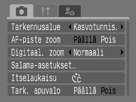 2 Voit siirtyä valikoiden välillä - tai -painikkeella. Voit siirtyä valikosta toiseen myös käyttämällä zoomausvipua. 3 Valitse valikkovaihtoehto - tai -painikkeella.