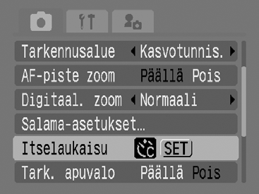 67 Viiveen ja otosten määrän määrittäminen ( ) 1 Valitse [Itselaukaisu]. 1. Paina -painiketta. 2. Valitse -valikosta - tai -painikkeella [Itselaukaisu]. 3. Paina -painiketta. 2 Vahvista valinta.