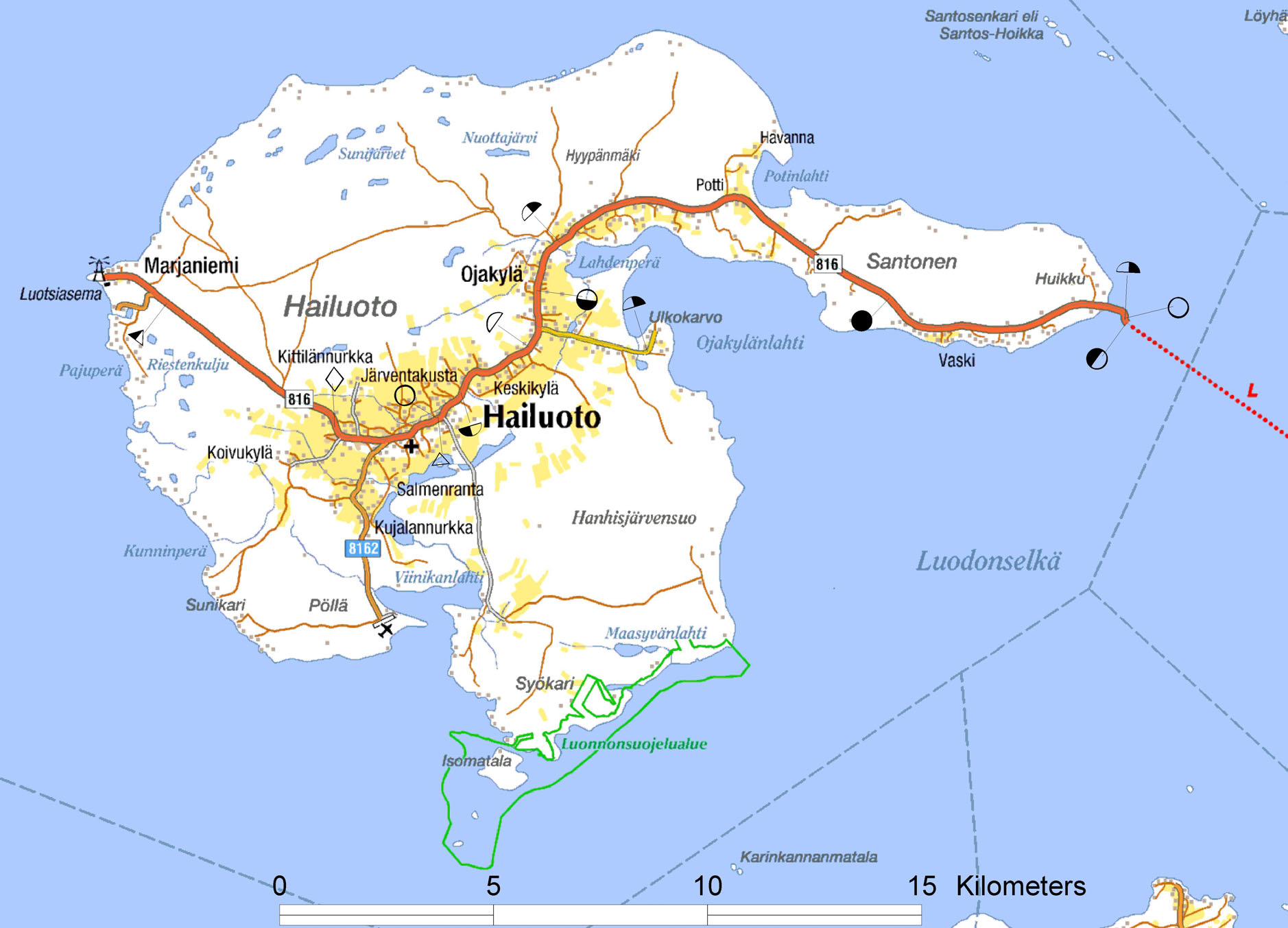 Hailuodon kunnan liikenneturvallisuussuunnitelmat LIIKENNEYMPÄRISTÖSUUNNITTELU 13 Kirkonkylällä on Luovontielle (mt 816) rakennettu kaksi suojatiekorotusta koulun ja päiväkodin kohdille.