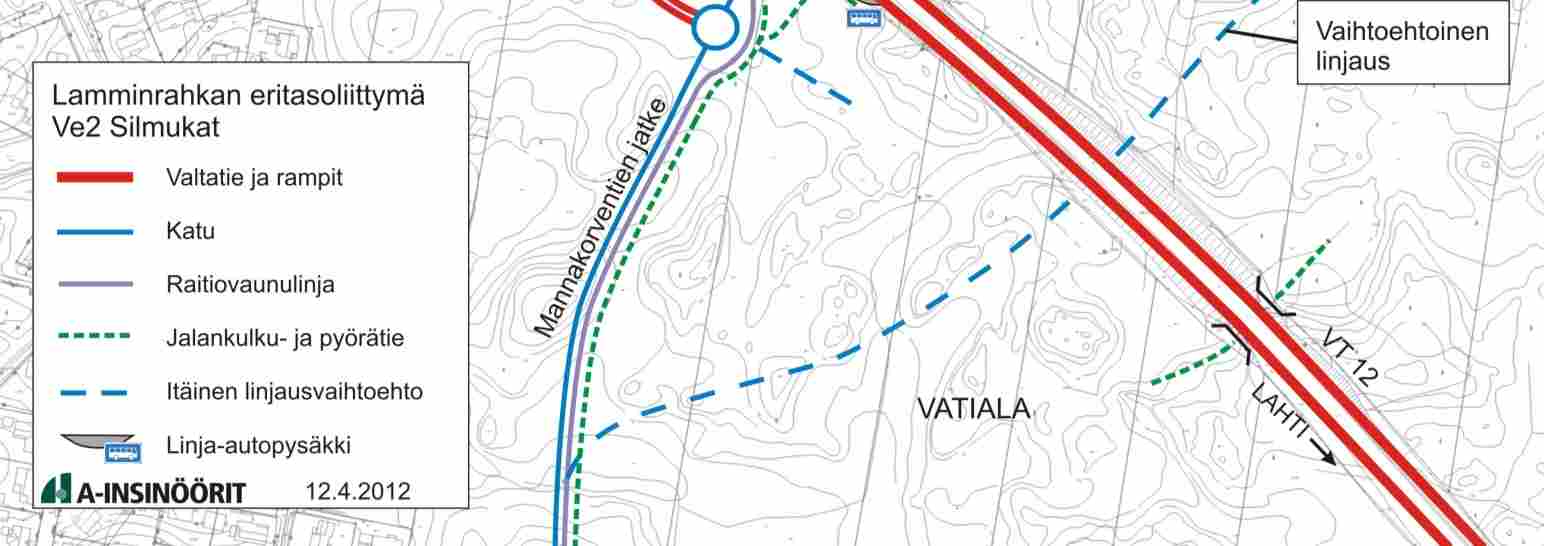 Toisaalta Mannakorventielle rakennesuunnitelmassa esitetty ratikkareitti ja kevyen liikenteen väylä risteävät tasossa kahden rampin kanssa.