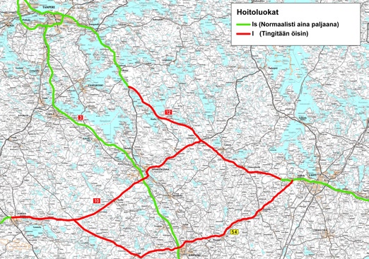 Valtatien 10 osalta ei ole päätöstä automaattisen nopeudenvalvonnan toteuttamisesta. Yhteysvälillä Tammela Renko sekä valtateillä 10 ja 12 että kantatiellä 54 hoitoluokka on I.