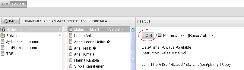 4 OPPITUNNILLE LIITTYMINEN Kirjauduttuasi sisään, pääset LearnLincin kampusalueelle. Valitse oikea luokka (esim. aineen tai opettajan nimi) kansiorakenteessa etenemällä (kts. kuva alla).