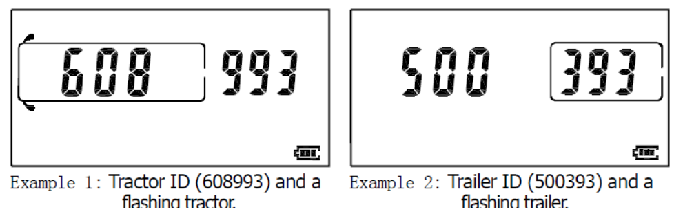 Esimerkki 1: Vetoauton tunniste (608993) ja vilkkuva vetoauto. Esimerkki 2: Perävaunun tunniste (500393) ja vilkkuva perävaunu. 6 3.
