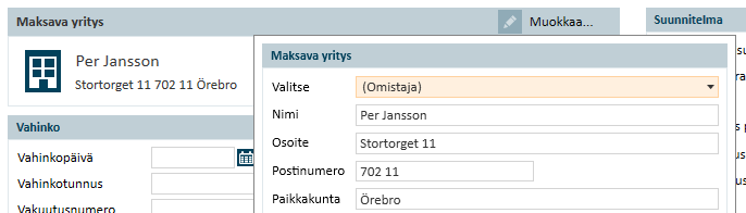 Kun olet luonut sopimuksen molemmille ja valinnut laskelmaa varten maksajaksi esimerkiksi ajoneuvon omistajan,