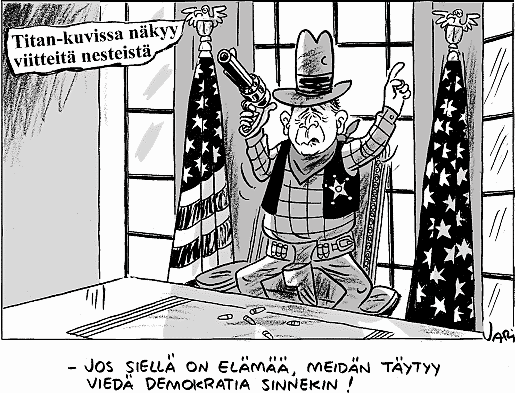 6.4.1 Demokratian levittäminen kritiikin kohteena Elsilän 20.1.2005 ilmestynyt piirros kritisoi Yhdysvaltojen halua levittää demokratiaa.