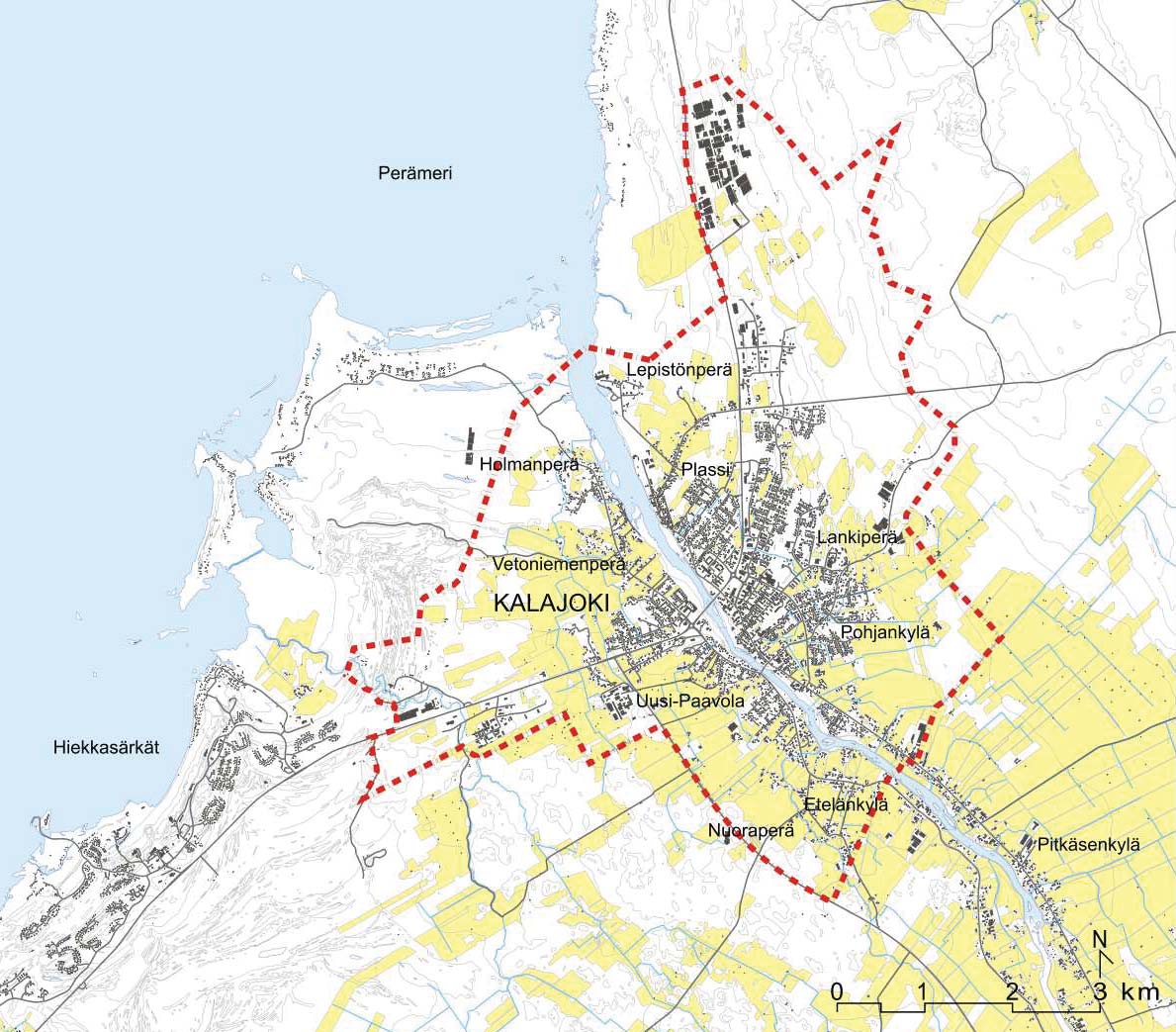 työpaikka-alueen eteläpuolelle. Lännessä osayleiskaava-alueen raja kulkee hiihtostadionin ja Holmanperän länsipuolelta Kalajokisuulle. Osayleiskaavan rajaus on esitetty kuvassa 1. 1.3.