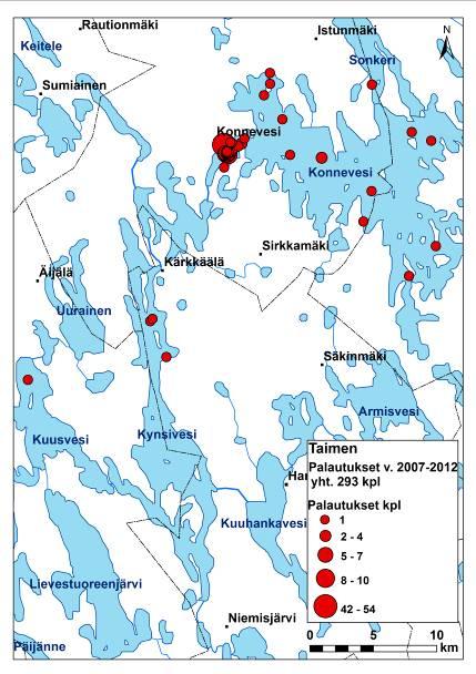 RKTL:n työraportteja 9/213 Kuva 6. Siikakoskella vuosina 27 212 merkittyjen villien taimenten saantipaikat. Kellankoskella merkityistä taimenista on palautuksia vain kuudesta kalasta (3 %).