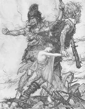 Fasolt ja Fafner vievät Freian. Arthur Rackhamin kuvitusta Nibelungin sormukseen. periaate.