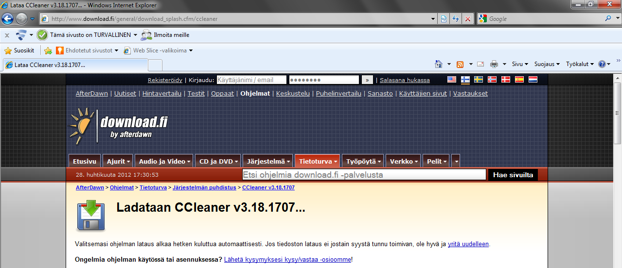 Ohjelman lataaminen (Internet Explorer 8) 1. Kirjoita Googlen hakukenttään lataa ccleaner ja napsauta ylimmäistä hakutulosta. 2. Siirryt www.download.