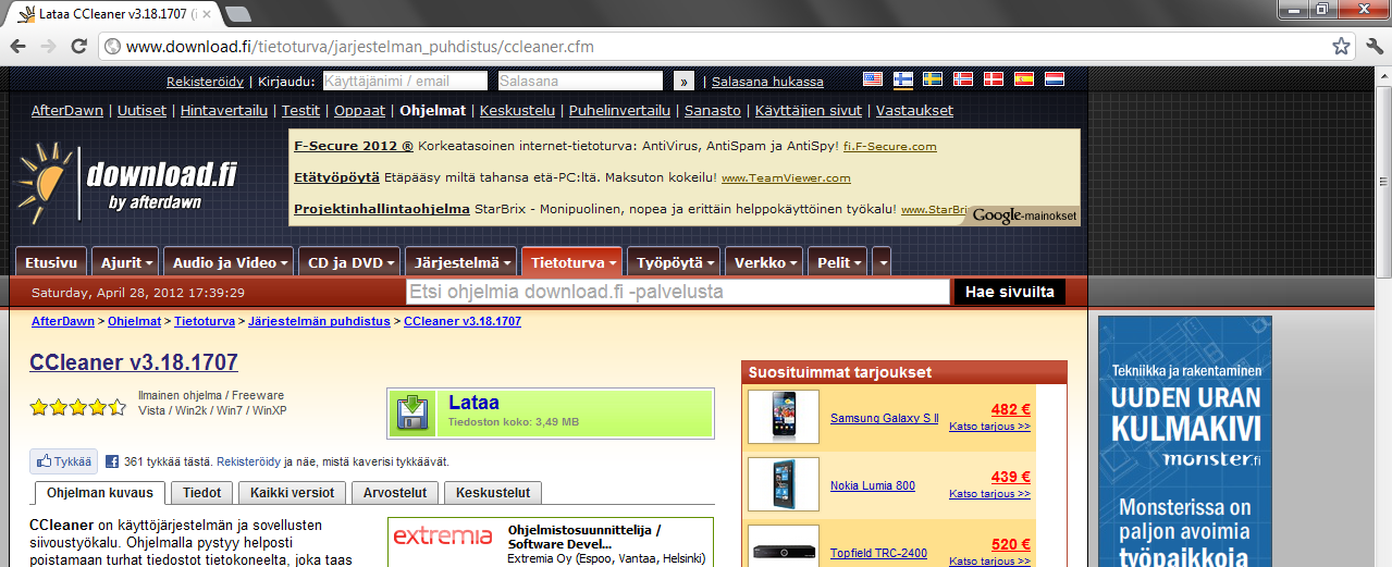 Ohjelman lataaminen (Google Chrome) 1. Kirjoita selaimen osoiteriville lataa ccleaner ja napsauta selaimen ehdottamaa komentoa lataa ccleaner. 2. Siirryt Googleen. Napsauta ylimmäistä hakutulosta. 3.