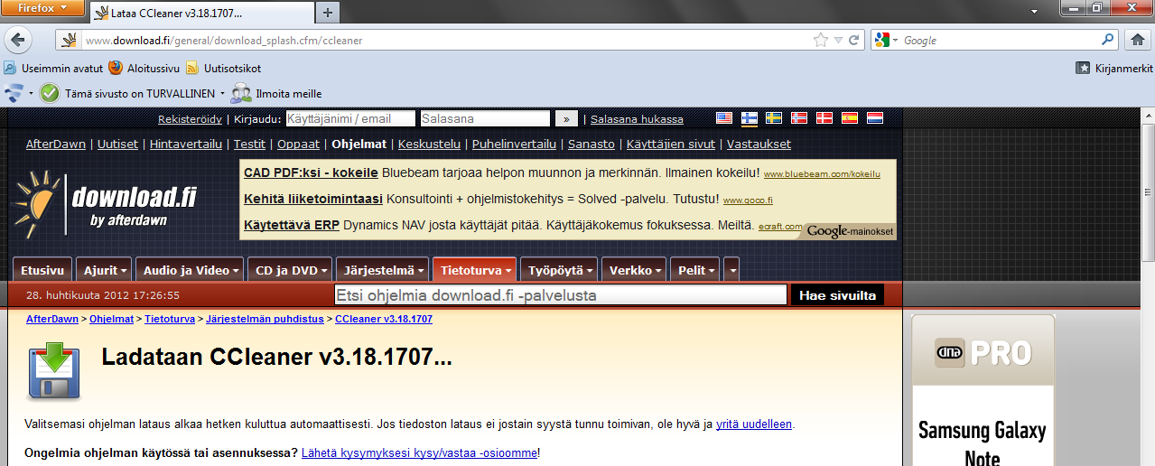 Ohjelman lataaminen (Mozilla Firefox) 1. Kirjoita Googlen hakukenttään lataa ccleaner ja napsauta ylimmäistä hakutulosta. 2. Siirryt www.download.
