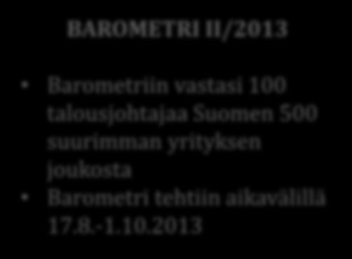 Talousjohtajabarometrin taustaa Talousjohtajabarometrin rakenne Kansantalouden näkymät Yrityksen talousnäkymät Ajankohtaisteema: Hallituksen viestintä ja toivotut toimenpiteet / Suomen taloudellinen