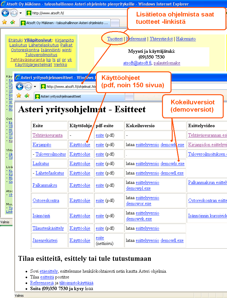 Tuotteet linkistä esittelyversiot ja käyttöohjeet Tuotteet linkistä pääset esittelyversioiden