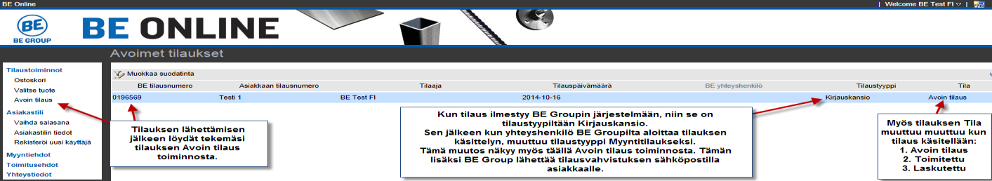 Näkymä kun olet painanut Lähetä tilaus näppäintä tulee seuraava näkymä: Tämän jälkeen BE Groupin yhteyshenkilö ottaa tilauksesi käsittelyyn ja tarkistaa järjestelmästä todellisen toimituspäivämäärän.