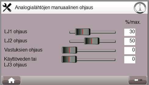 100% MAALÄMPÖ SUOMESTA HUOLTO Laitteessa aikaisemmin olleita hälytyksiä pääsee tarkastelemaan valikkotoiminnot -sivun hälytyshistoria-painikkeen kautta. 5.4.1. Manuaalinen ohjaus Ohjelma tallentaa automaattisesti sata viimeisintä vikatietoa.