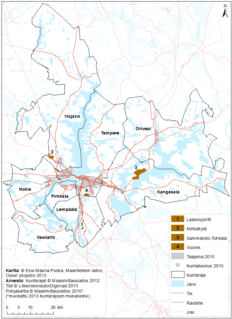 Tampereen kaupunkiseutu Tutkimusalueet: 1) Laasonportti (Lempäälä) 2)