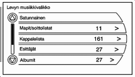 Audiosoittimet 39 Paina mitä tahansa luokkapainikkeista Levyn musiikkivalikko -valikossa vastaavan luokkanäytön tuomiseksi näkyviin: Satunnainen: Toista raidat sattumanvaraisessa järjestyksessä