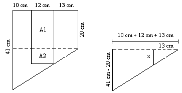 Alueen A1 pinta-ala: A 1 0 cm 1 cm 40 cm Yhdenmuotoisten kolmioiden avulla saadaan x 13 cm, josta edelleen ristiin kertomalla saadaan 1cm 35 cm x35 cm 1cm13 cm x 1cm13 cm/35 cm x 7,8 cm Alueen A