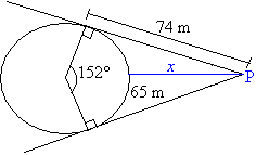 61. Ympyrän kehältä erotetaan kaksi pistettä siten, että ne ovat säteen etäisyydellä toisistaan. Mikä on pisteisiin piirrettyjen tangenttien välinen kulma? 6.