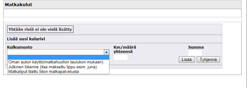 4 Seuraavaksi kirjaat matkakulut: Kulkumuodon alasvetovalikosta valitset oman auton käytön, jos olet tullut omalla autolla. Sen jälkeen täytät Km/määrä yhteensä kohtaan edestakaisen matkan kilometrit.