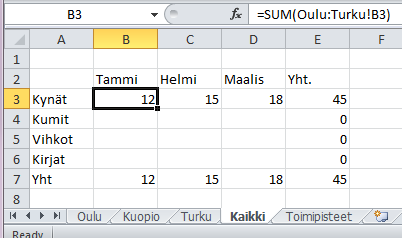 Excel Harjoituksia 5 1 (8) HARJOITUS 1 Monen taulukkosivun käsittely 1. Aloita uusi työkirja 2.