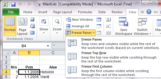 Excel Harjoituksia 5 3 (8) HARJOITUS 2 OTSIKKORIVIEN KIINNITTÄMINEN Avaa FILLARIT.XLS työkirja. 1. Kokeile ikkunan jakamista ja rivi- ja sarakeotsikoiden kiinnittämistä (Freeze Panes) näytöllä. 2. Kokeile Rivi- ja sarakeotsikoiden kiinnittämistä tulostuksessa.