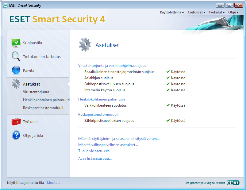 3. Aloittelijan opas Tässä luvussa on yleiskatsaus ESET Smart Securityyn ja sen perusasetuksiin. 3.1 Käyttöliittymän rakenteen esittely tilat ESET Smart Securityn pääikkuna on jaettu kahteen pääosaan.