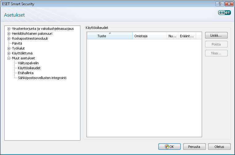 4.11 Käyttöoikeus Käyttöoikeudet-välilehdessä voidaan hallita ESET Smart Securityn ja muiden ESET-tuotteiden käyttöoikeusavaimia.