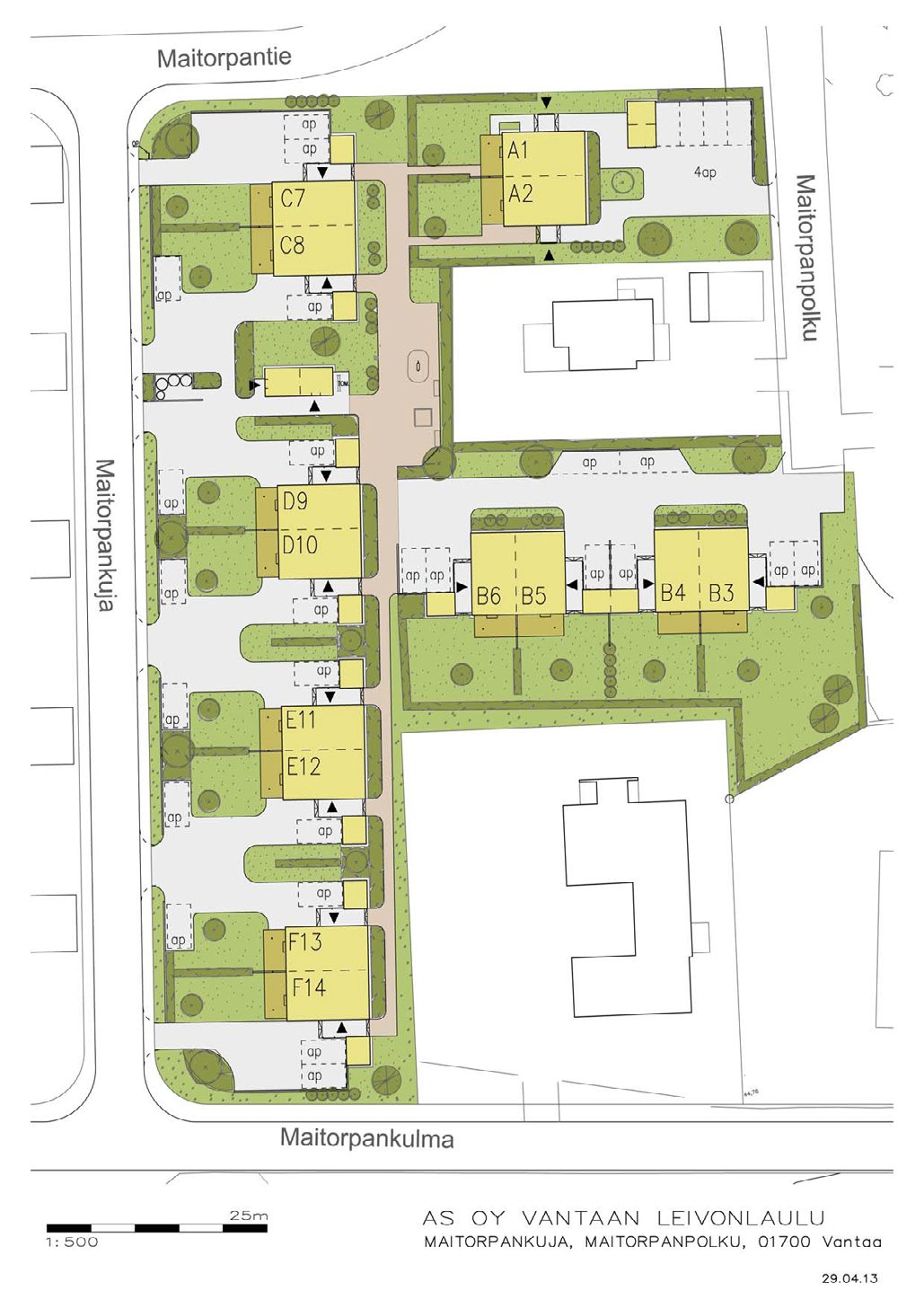 Asemapiirros Asunto Oy Vantaan Leivonlaulussa on 14 paritaloasuntoa 74,5 84,5 m² omalla kulmatontilla.