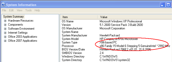 2 o 32-bit versiolle System -otsakkeen alla: Windows XP Professional Version <Year/Vuosi>. Menetelmä 2: Tutki System Information ikkunaa 1. Klikkaa Start/Käynnistä ja klikkaa Run/Aja. 2. Kirjoita winmsd.