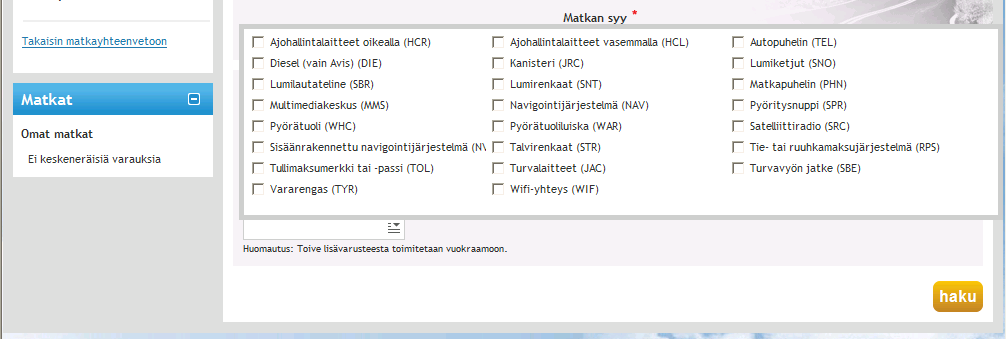 5.1 Hakusivu Autonvuokraushaku seuraa lentovarausta, sama kohde ja päivät, jotka ovat muuteltavissa.