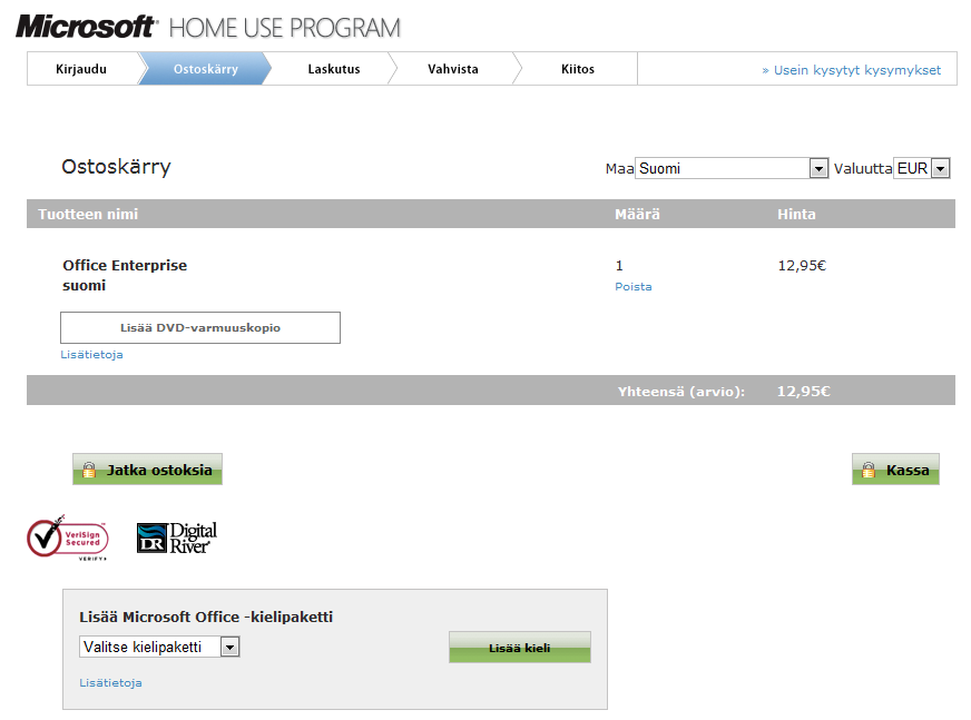 Tarkista ostoskori Tarkista, että ostoskorissa on haluamasi Office-versio Voit lisätä tilaukseesi myös varmuuskopio- DVD:n, jos haluat varmuuskopion tai et halua ladata ohjelmistoa HUP-sivustolta.